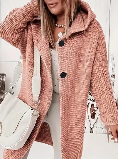 Button down knitted hooded cardigan for women