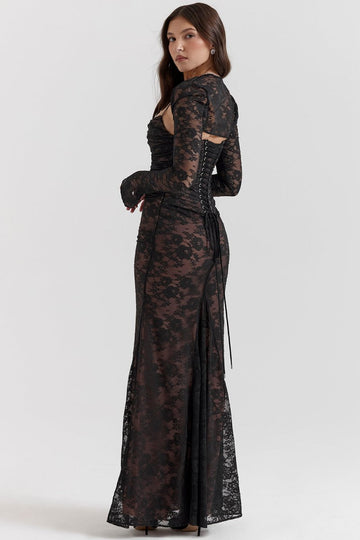 Women's Lace Corset Prom Dress - Bodycon Fit - Long Sleeve - Lace-Up Waist - Floor-Length