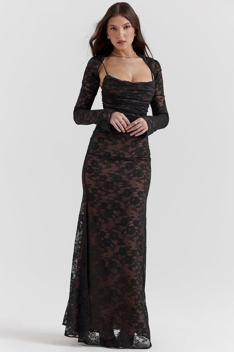 Women's Lace Corset Prom Dress - Bodycon Fit - Long Sleeve - Lace-Up Waist - Floor-Length