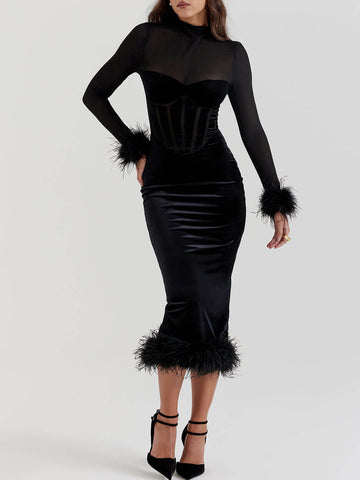 Feather velvet sexy midi dress for women