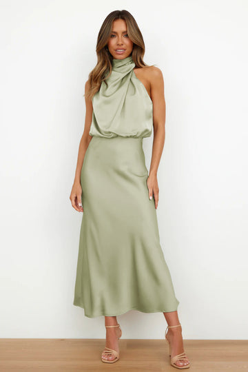 Women's Elegant Halter Neck Satin Maxi Dress – Sleeveless Formal Evening Gown