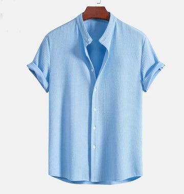Men’s Short-Sleeve Button-Up Shirt - Seersucker Textured - Mandarin Collar - Relaxed Fit