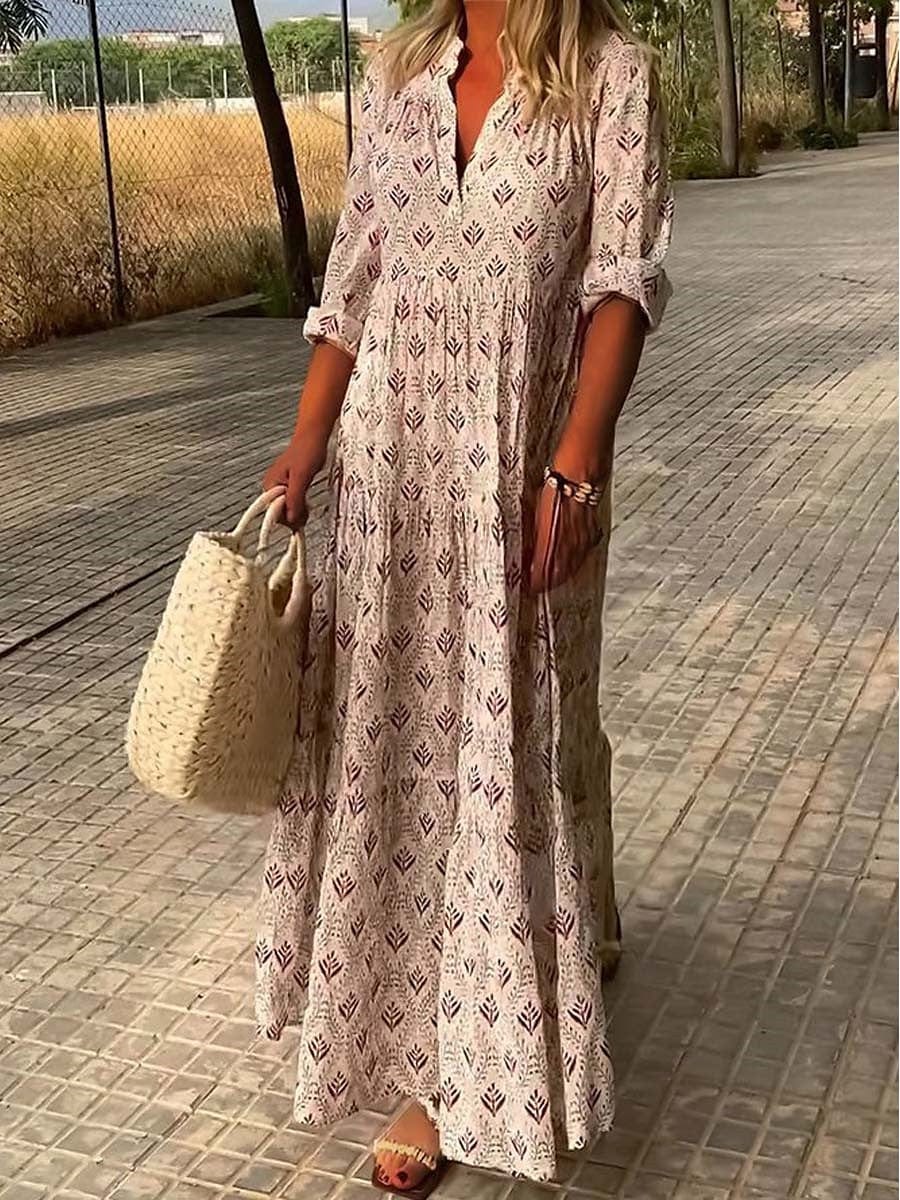 Women's Maxi Dress - Bohemian Style - V-Neck - Flowing Lightweight Fabric - 3/4 Sleeve