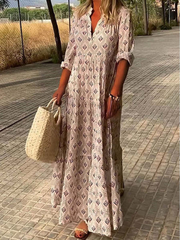 Women's Maxi Dress - Bohemian Style - V-Neck - Flowing Lightweight Fabric - 3/4 Sleeve