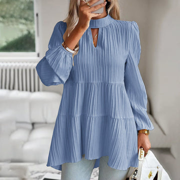 Women’s Long Sleeve Top – Flowy Fit – Pleated Texture – Tiered Design – Keyhole Neckline