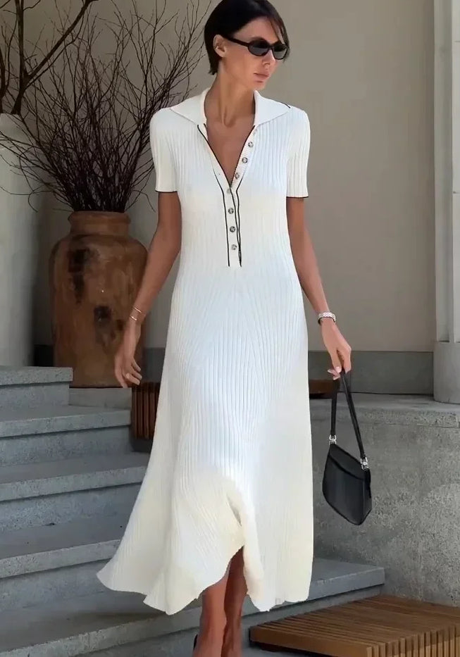 Maxi Dress - Ribbed Knit - Collared V-Neck - Short Sleeve - Button-Down - Womens
