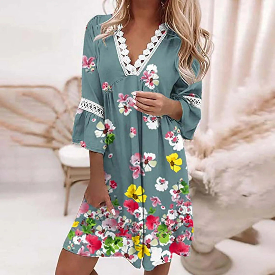 Women's Boho Dress - Cotton Blend - V-Neck Lace Trim - Floral Print - Loose Fit