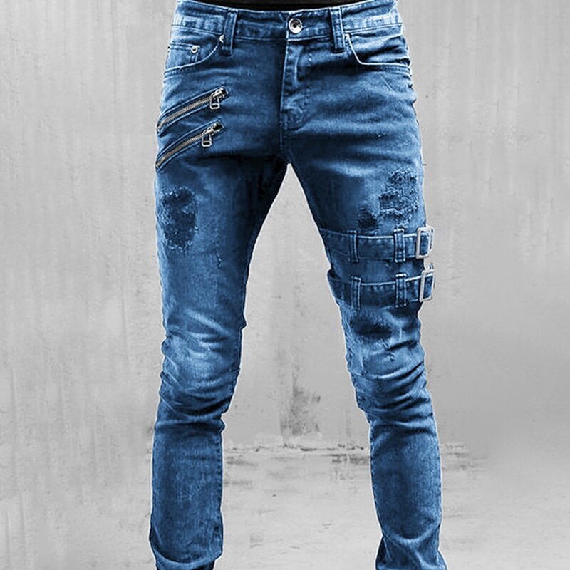 Men’s Skinny Jeans - Distressed Stretch Denim - Zipper Accents & Buckle Straps