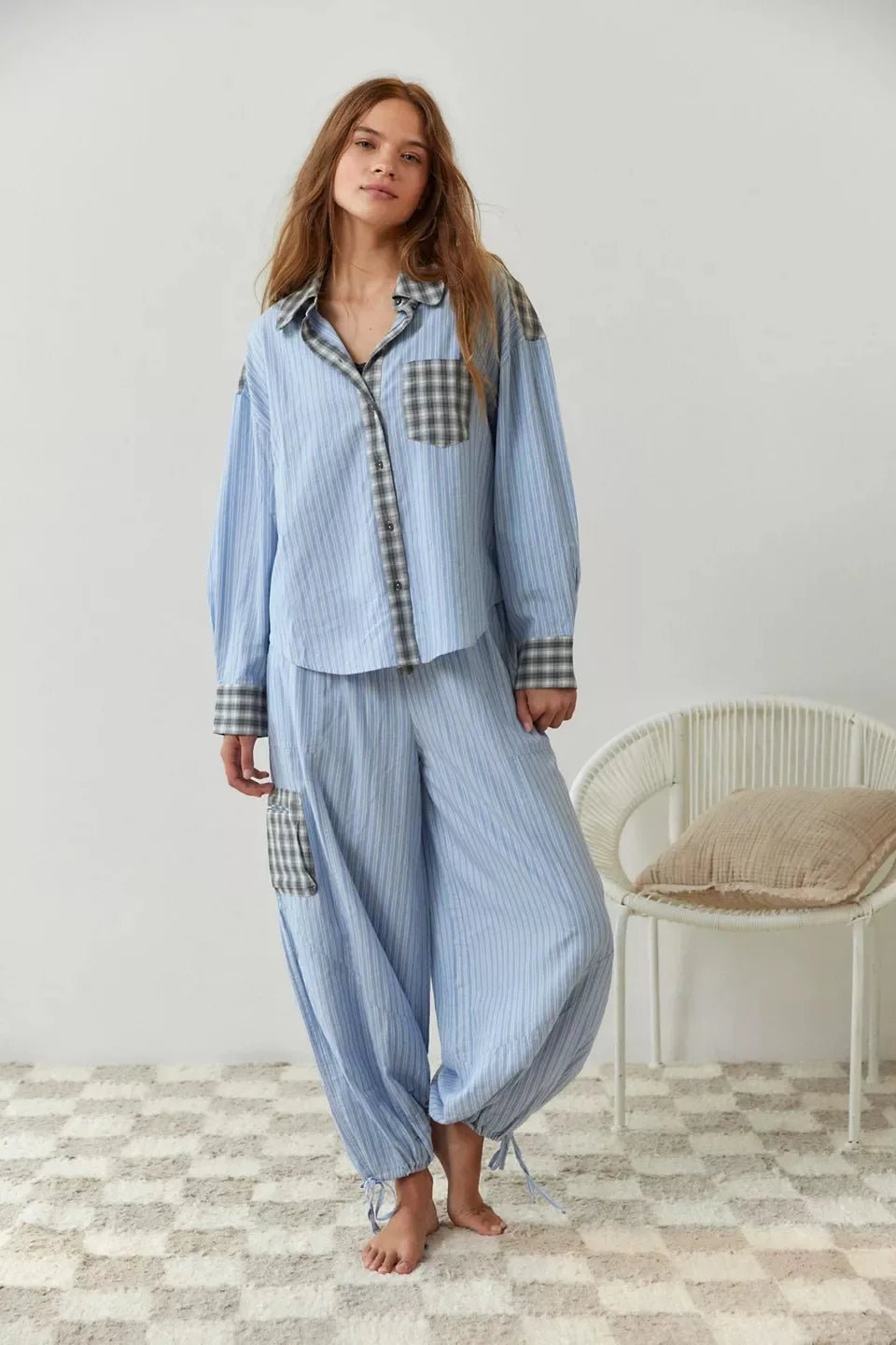 Women’s Pajama Set – Relaxed Fit – Cotton Blend – Plaid Button-Down – Elastic Waist