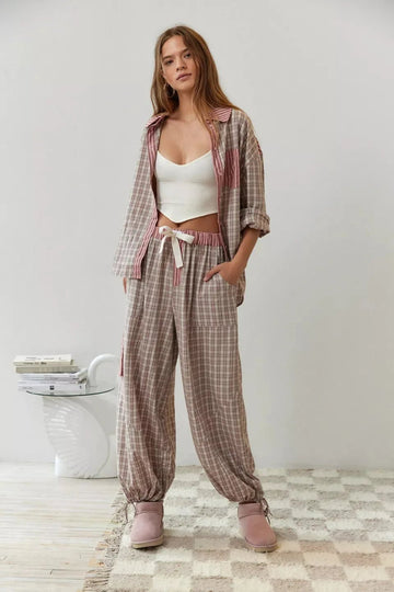 Plaid shirt long-sleeve set pajamas for women