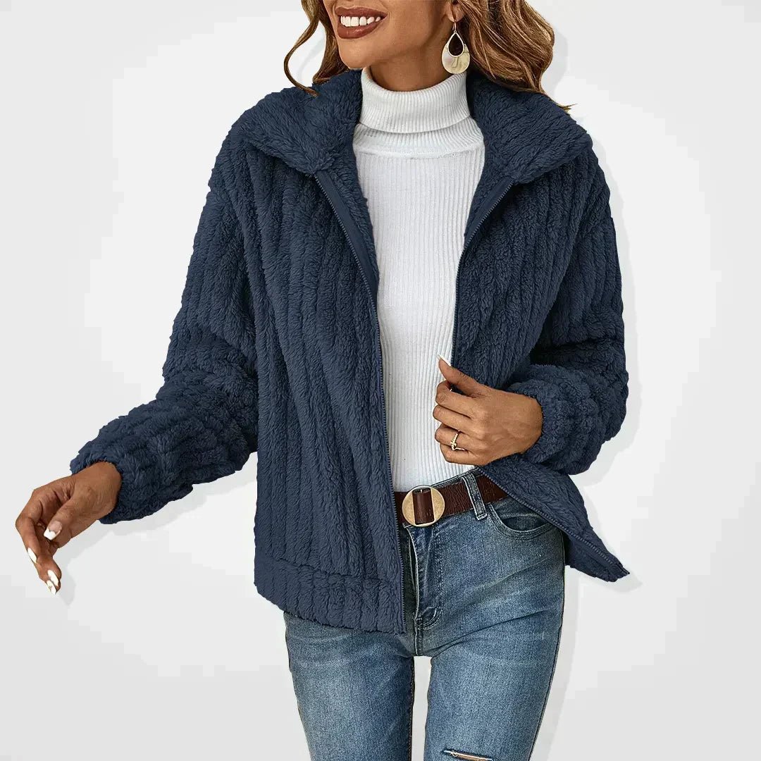 Women’s Plush Jacket – Relaxed Fit – Ribbed Texture – Zip Front – High Collar Casual Wear