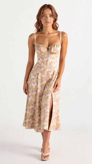 Women's Corset Midi Dress - Fitted Bodice - Floral Pattern - Flared Skirt with Slit