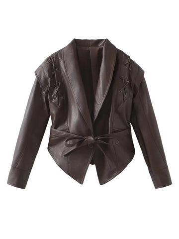 Women’s Leather Jacket – Tailored Fit – Shawl Collar – Waist Tie – Lace-Up Shoulders