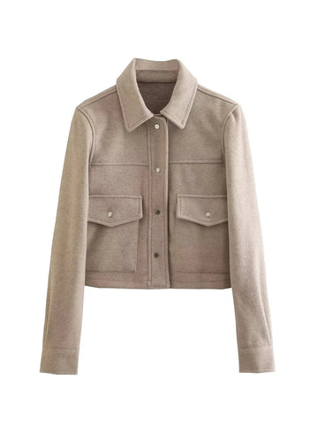 Women’s Cropped Jacket – Tailored Fit – Wool Blend – Button Front – Utility Style