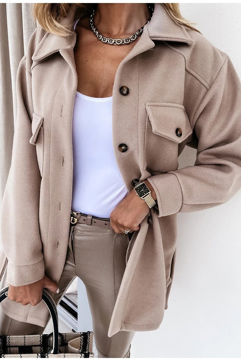 Women’s Pea Coat – Wool Blend – Oversized Fit – Hip Length – Button Front – Chest Pockets