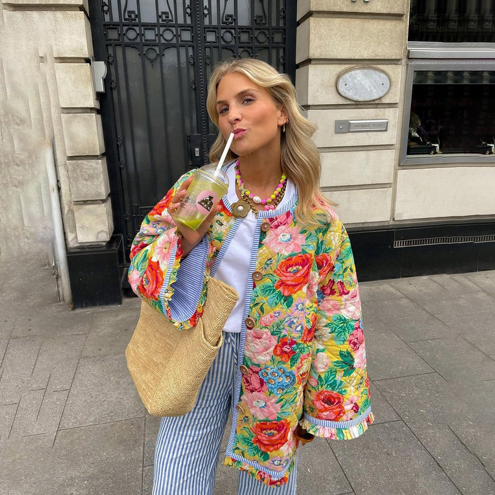 Women’s Quilted Jacket – Oversized Fit – Floral Pattern – Button Front – Hip Length