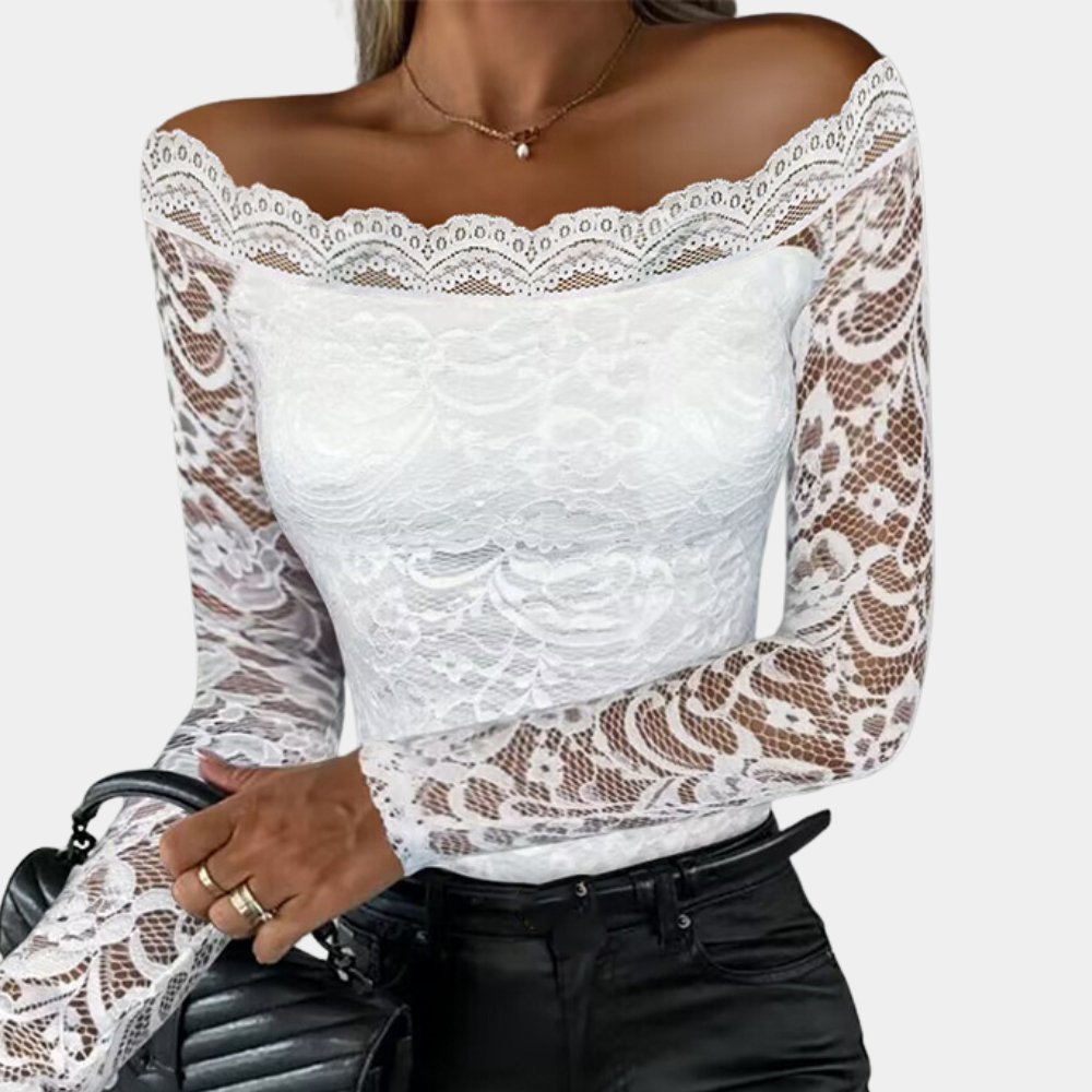 Women’s Off-Shoulder Lace Top – Slim Fit – Scalloped Edges – Long Sleeve Elegant Style