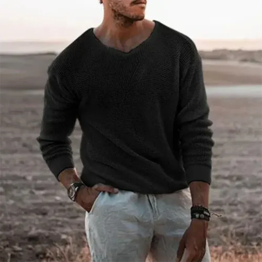 Men’s Pullover Sweater – Relaxed Fit – V-Neck – Ribbed Wool Blend – Long Sleeve
