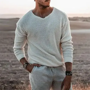 Men’s Pullover Sweater – Relaxed Fit – V-Neck – Ribbed Wool Blend – Long Sleeve