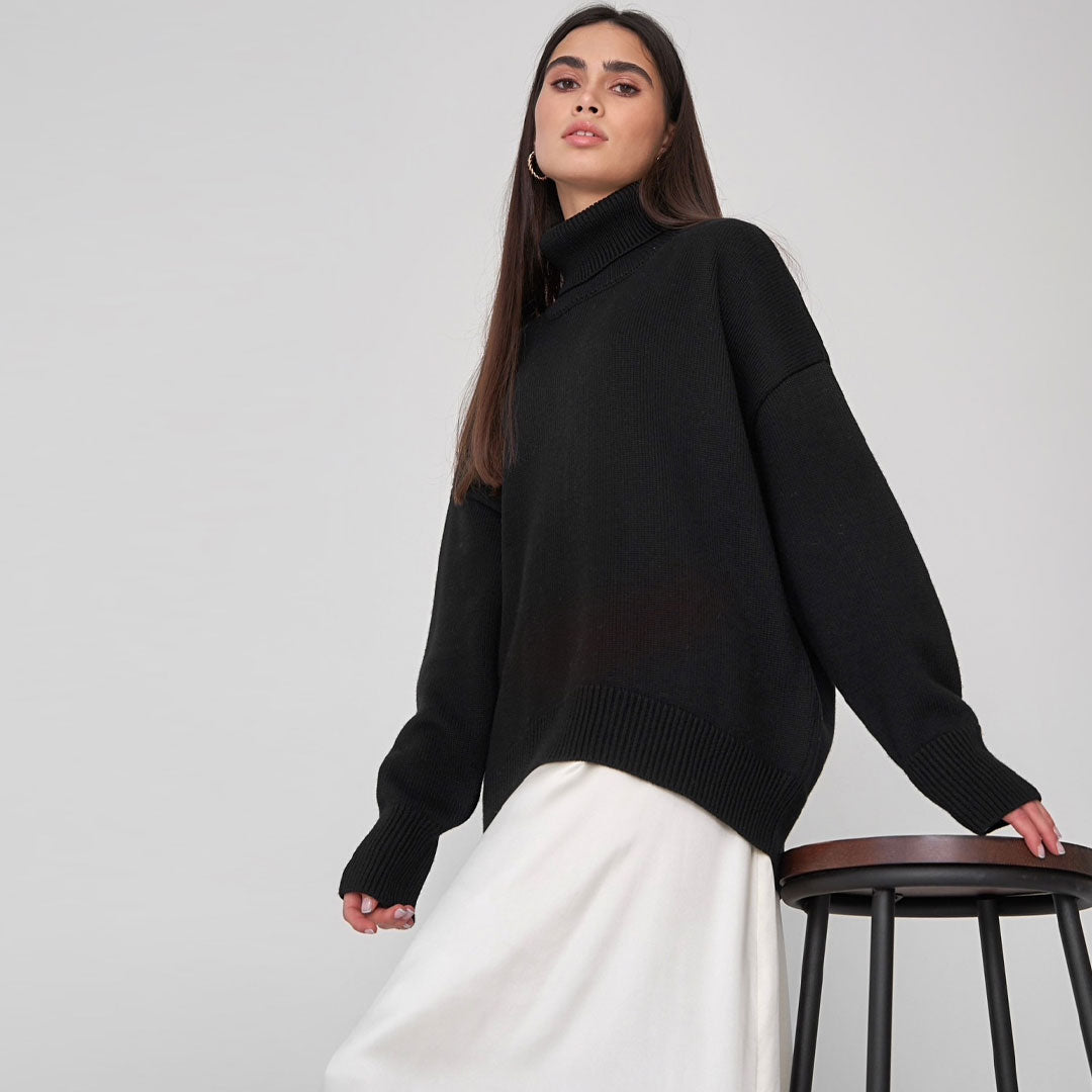 Women’s Oversized Sweater – Rib Knit Wool Blend – Turtleneck – Dropped Shoulders