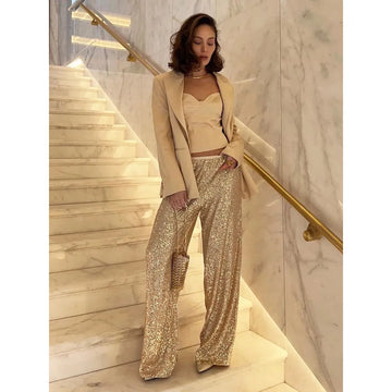 Women's Sequin Party Pants – Metallic Silver, Silky Finish