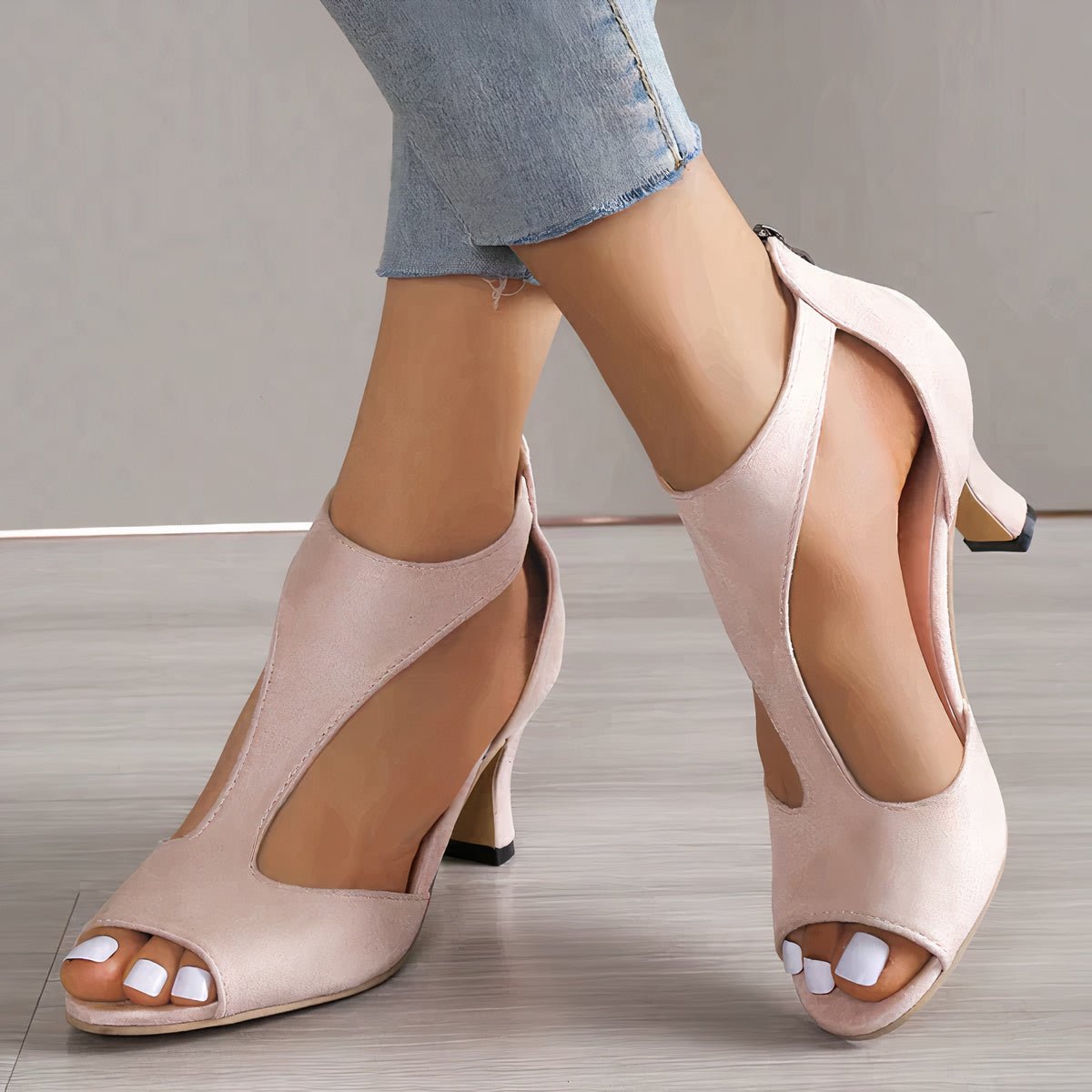 Women’s Heeled Sandals – Peep Toe – Cutout Design – Sleek Satin Finish – Elegant Fit