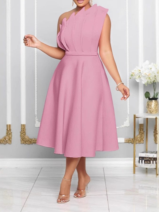 Women's One-Shoulder Midi Dress - Elegant A-Line Fit - Sculpted Detailing - Formal Wear