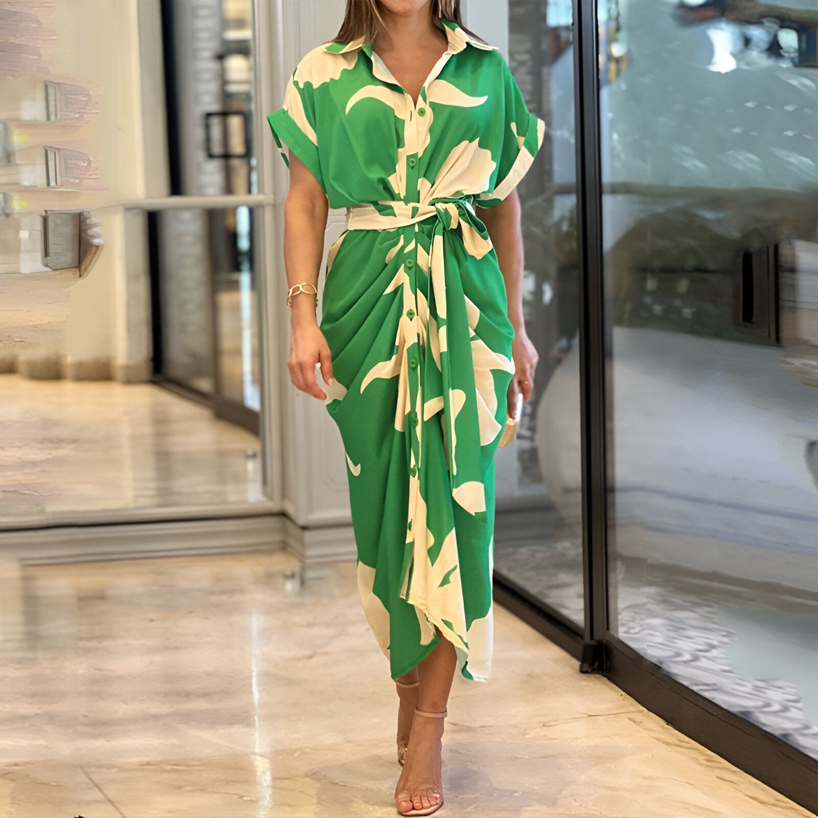 Women's Midi Shirt Dress - Button Down - Relaxed Fit - Abstract Print - Tie Belt
