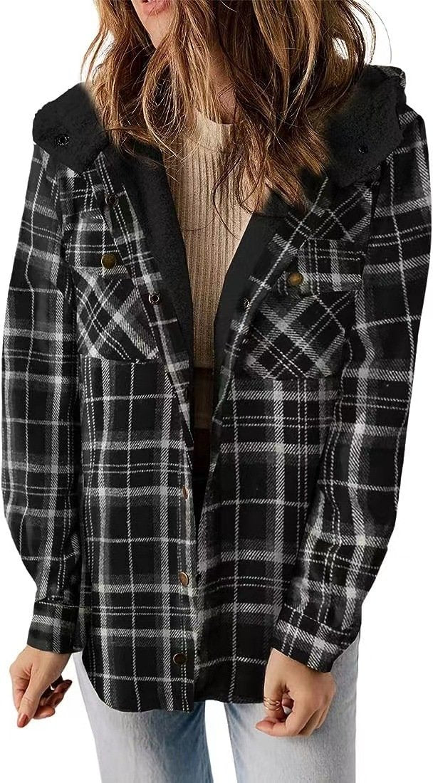 Plaid hooded shirt jacket for women