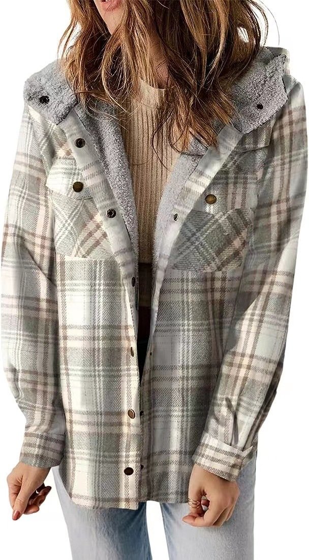 Plaid hooded shirt jacket for women