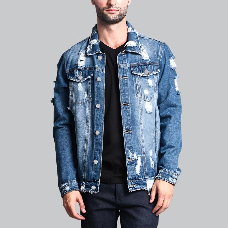 Button down distressed denim jacket for men