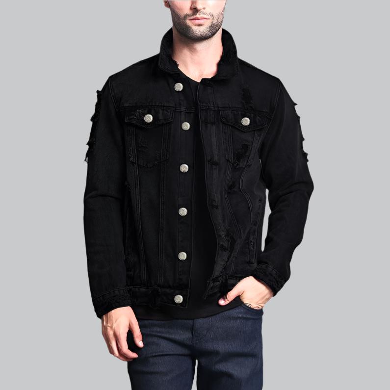 Button down distressed denim jacket for men