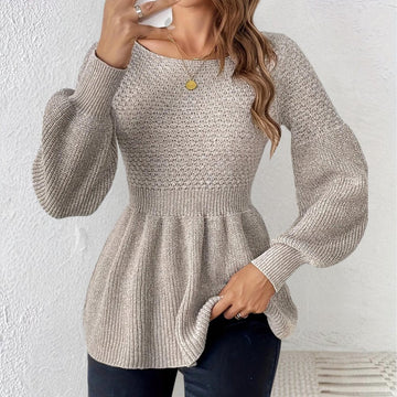 Women’s Knit Sweater – Puff Sleeve – Ribbed Waist – Peplum Hem – Fitted Silhouette