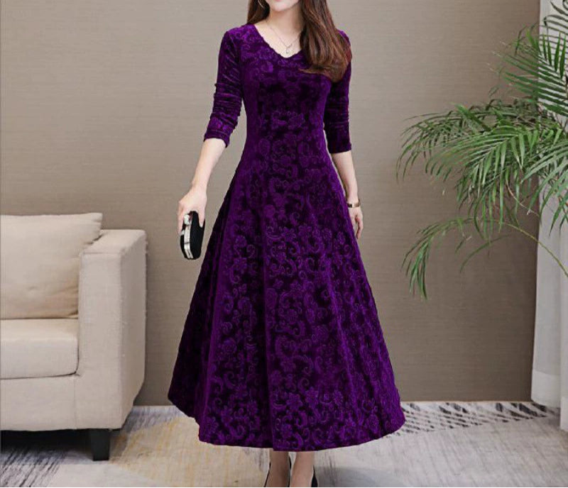 Women's A-Line Dress - V-Neck - Three-Quarter Sleeves - Floral Textured - Elegant Maxi Length