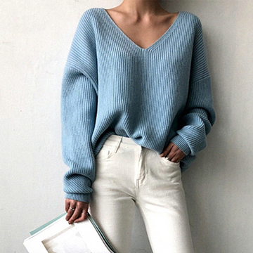 Women's Oversized Knitted Sweater - V-Neck - Long Sleeve - Soft & Warm Casual Wear