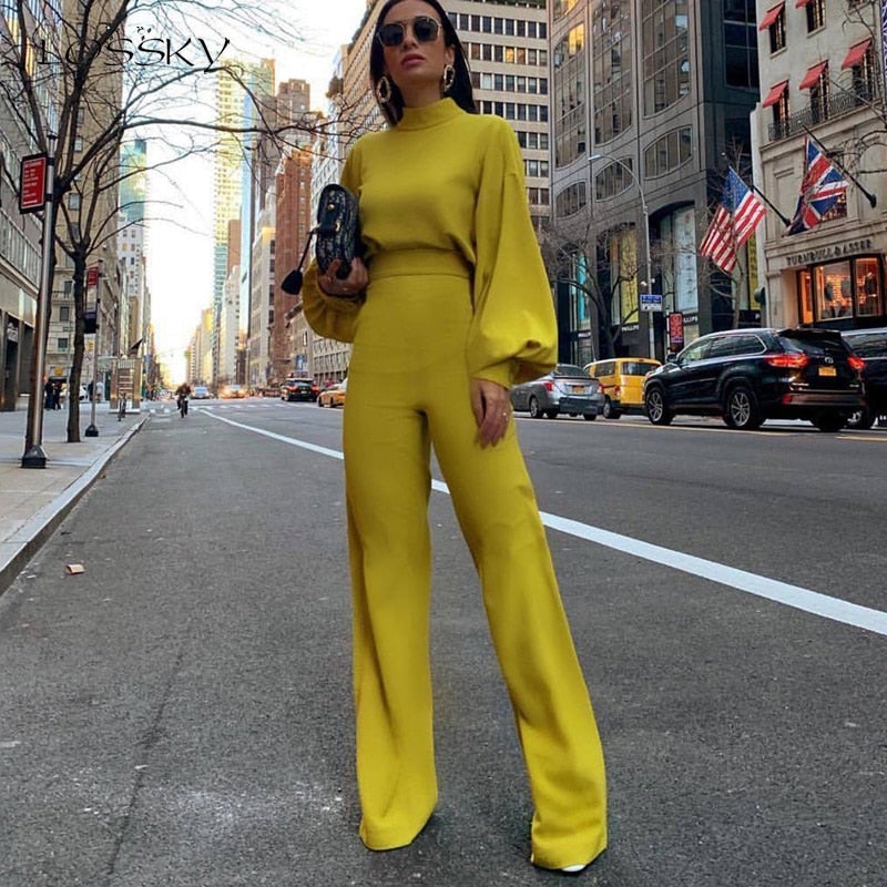 Women's Jumpsuit - Half Collar - Long Sleeve - Wide Leg - Tailored Fit