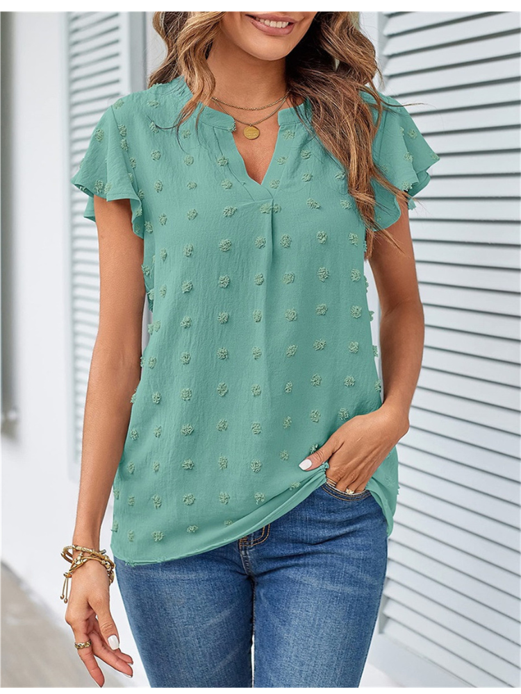 Women’s Blouse - V-Neck - Ruffled Short Sleeves - Textured Dot Pattern - Relaxed Fit