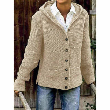 Women’s Hooded Cardigan – Wool Knit – Relaxed Fit – Button Front – Patch Pockets