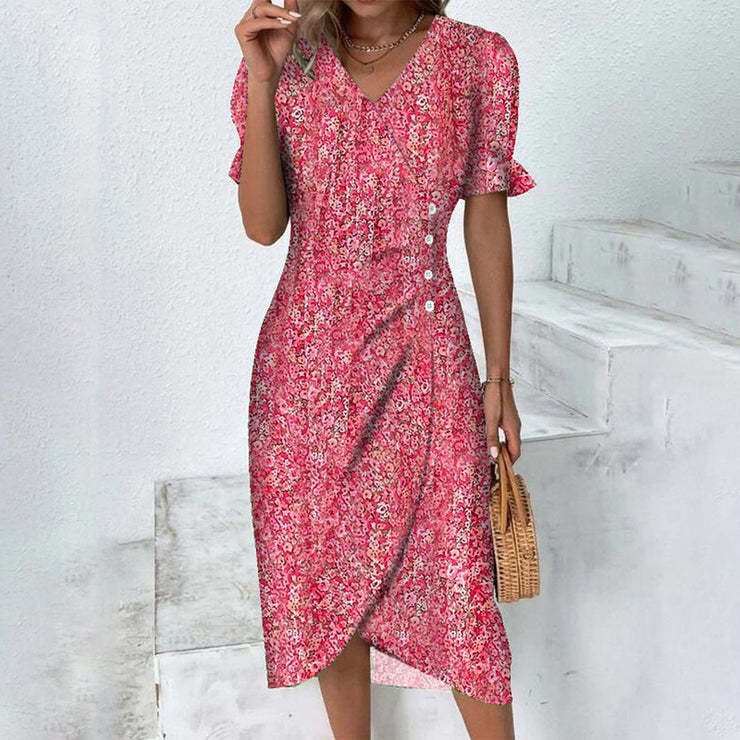 Women’s Midi Wrap Dress – V-Neck – Short Ruffle Sleeves – Floral Print – Breathable Blend