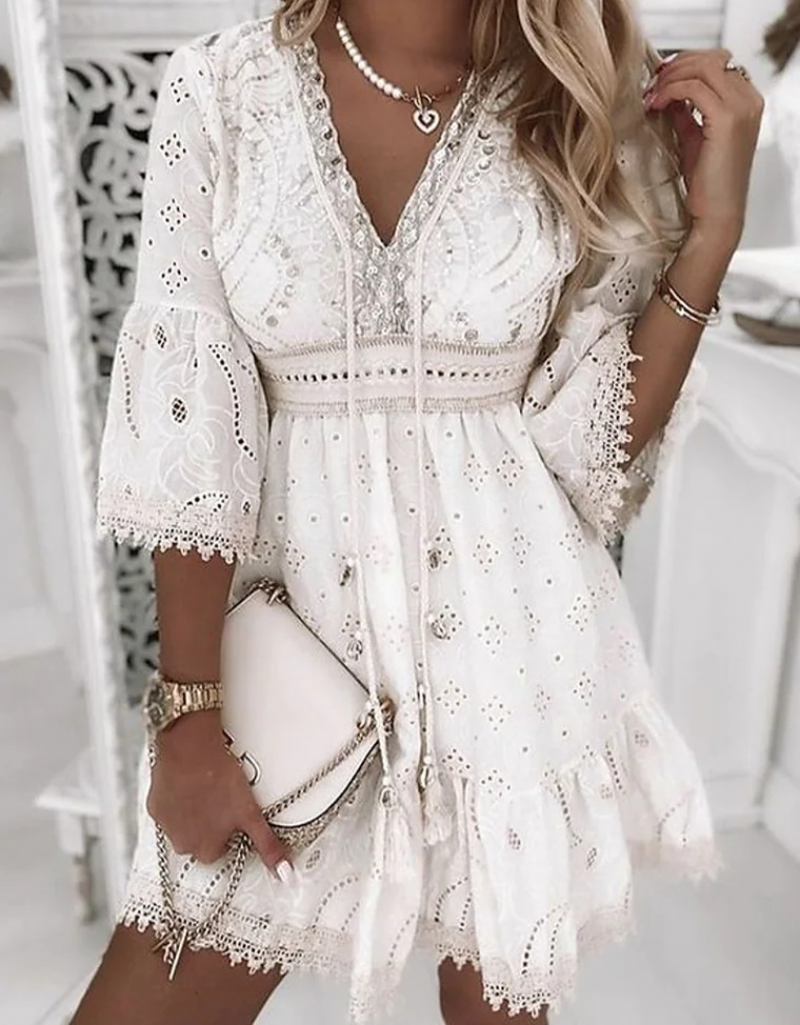 Women's Bohemian Dress - Cotton Blend - Embroidered Eyelet - V-Neck - Three-Quarter Sleeve