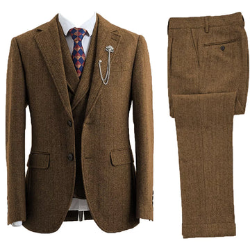 Men's Tweed Herringbone Double-Breasted Wedding Suit 3-Piece Set