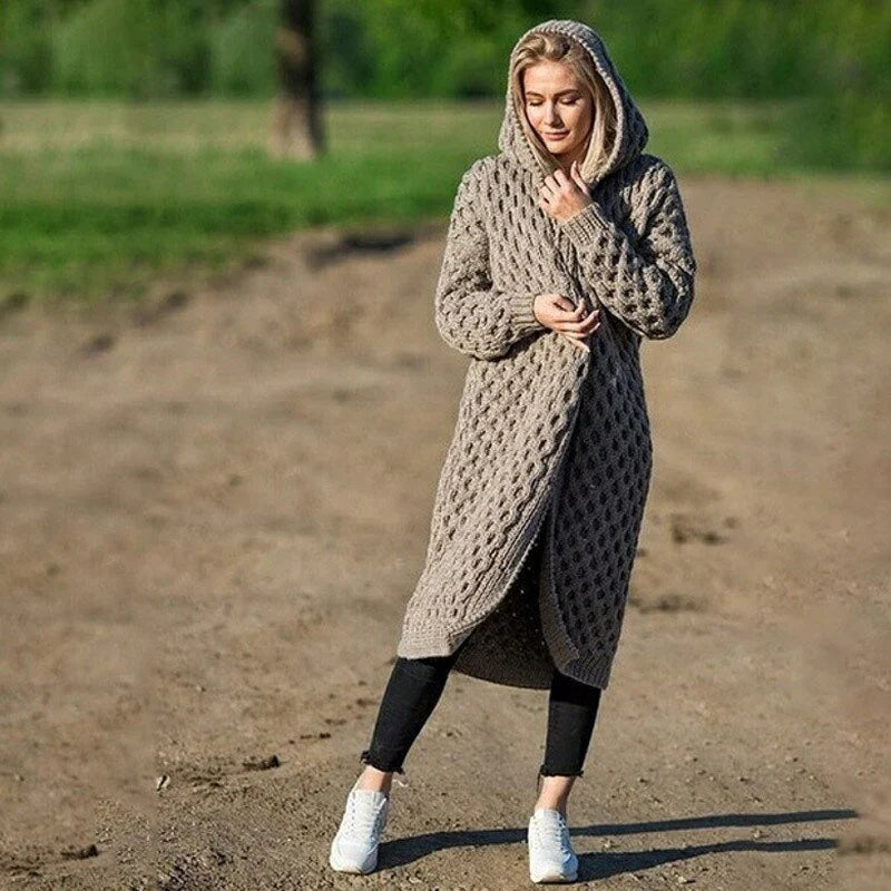 Women’s Hooded Cardigan – Chunky Knit – Relaxed Fit – Cable Knit – Longline Design