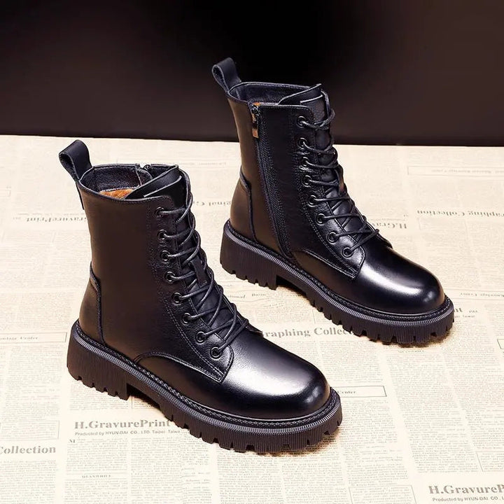 Women’s High-Top Boots – Faux Leather – Faux Fur Lined – Lace-Up – Side Zip – Grip Sole