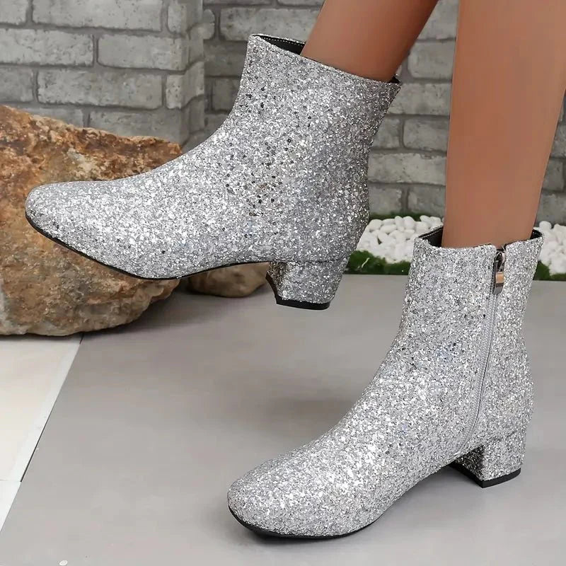 Women’s Ankle Boots – Sequin Party Style – Side Zip – Block Heel Statement Footwear