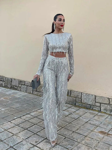 Women’s Crop Top and Pant Set – Sequined – Slim Fit Top – High Waist Flared Trousers