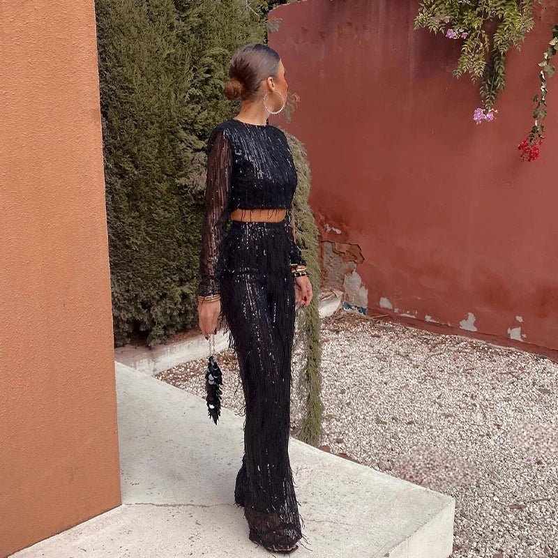 Women’s Crop Top and Pant Set – Sequined – Slim Fit Top – High Waist Flared Trousers