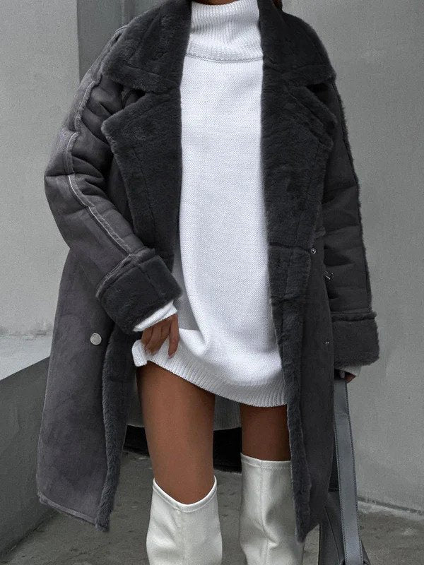 Shearling lined mid length coat for women