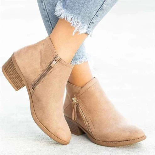 Side-zip block heel ankle boots for women