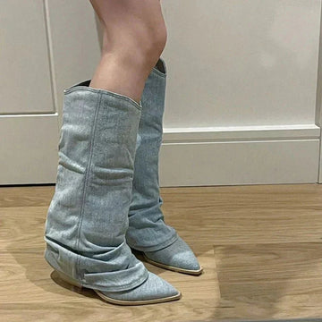 Slouchy denim knee boots for women