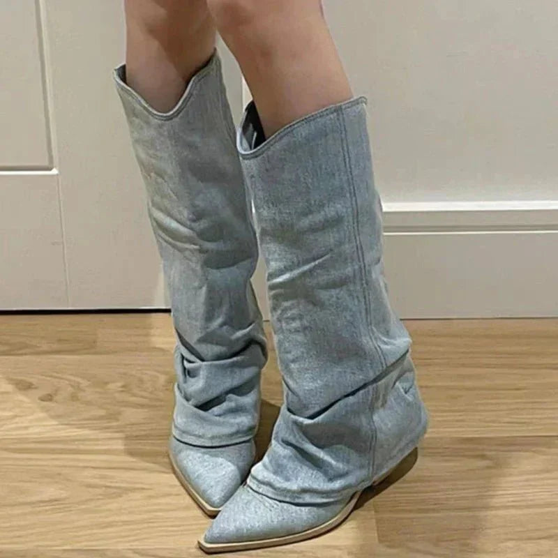 Slouchy denim knee boots for women